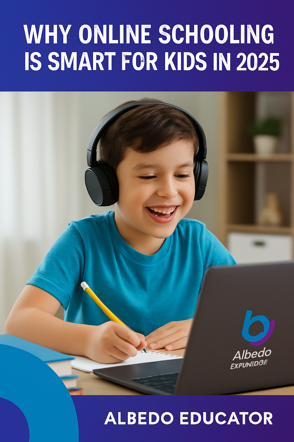 A happy child learning online with headphones, smiling during a live Albedo Educator class from home