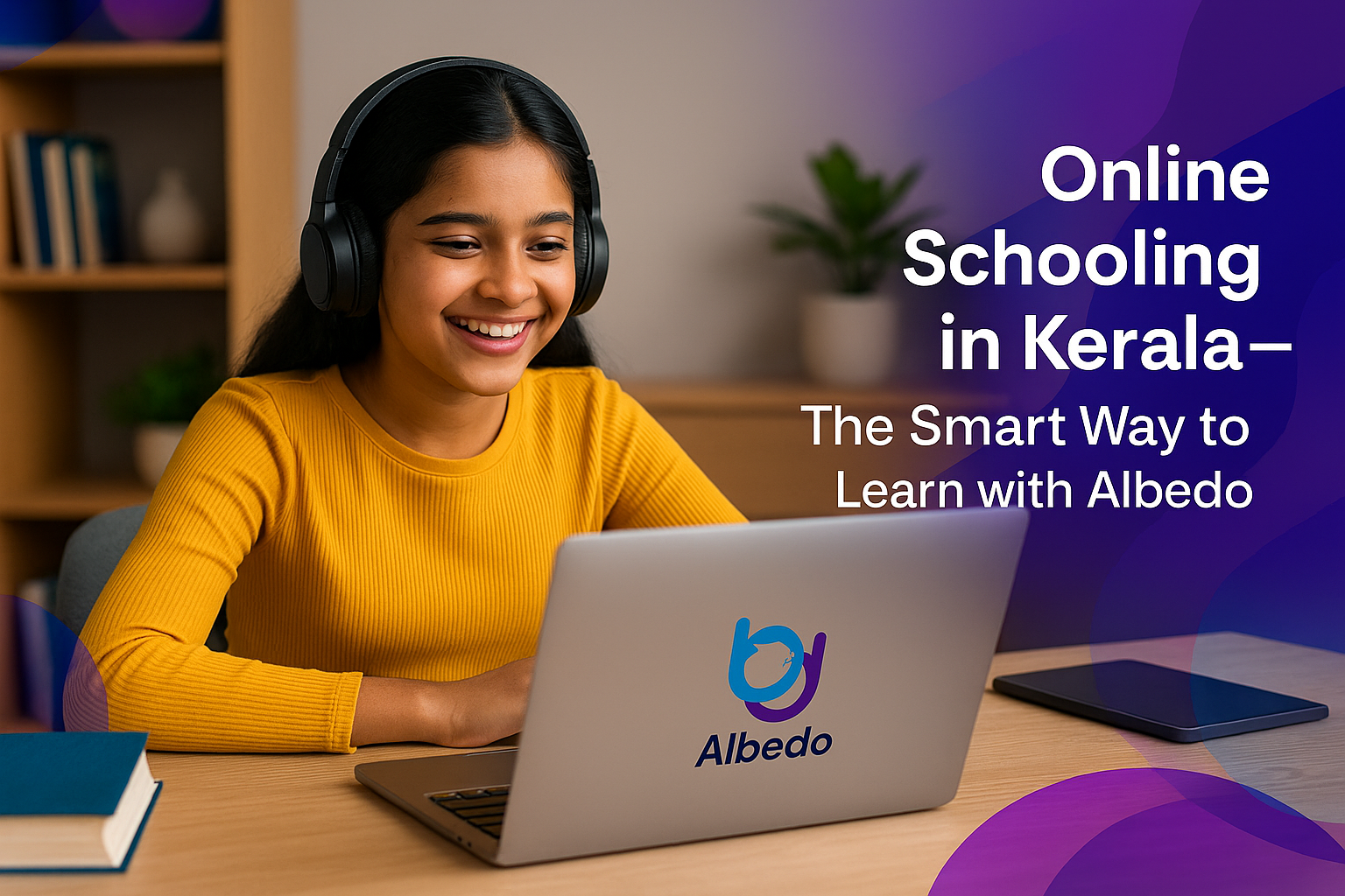 Kerala student attending live online class at home with Albedo Educator on laptop, smiling and engaged